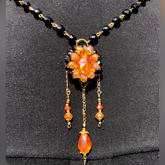 Handcrafted necklace of vivid peach & black vintage beads with dangling charms - Picture 8 of 8